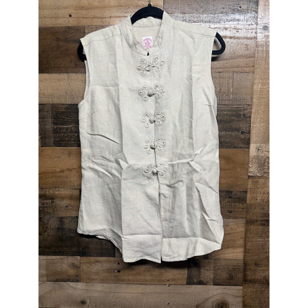 Brooks Brothers Vintage 100% Linen Frog Button Mandarin Collar Vest Top Beige 10
